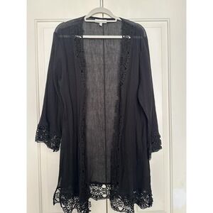 La Blanca Cover Up Womens XL Black Sheer Crochet Lace Trim Kimono Beach